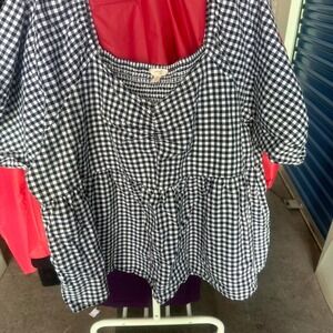White and Navy Blue checkered blouse‎ with smocked bodice front and back.